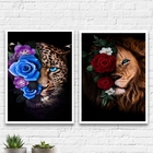 Kit 2 Quadros Onça E Leão Com Flores 45x34cm Moldura:madeira