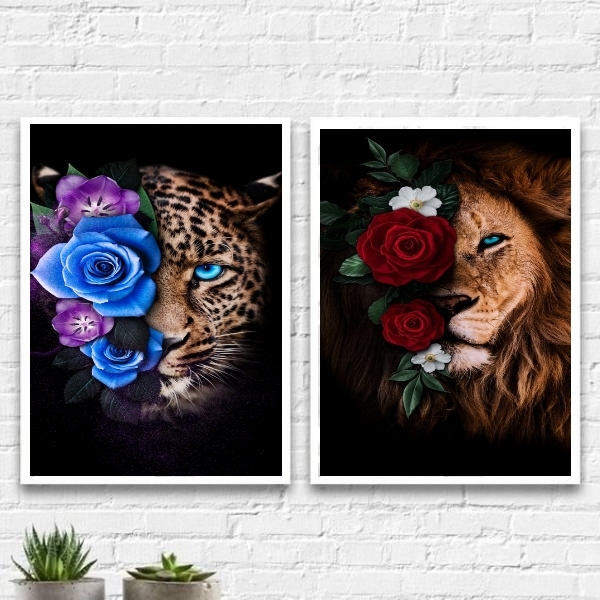 Kit 2 Quadros Onça E Leão Com Flores 45x34cm Moldura:madeira