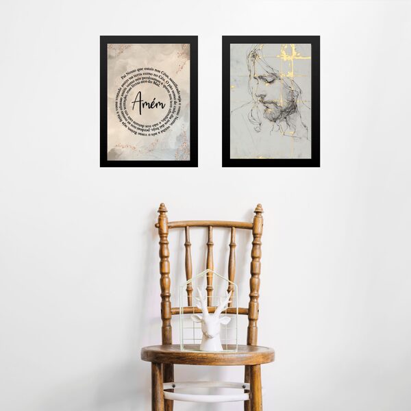 Kit 2 Quadros Oração Pai Nosso - Jesus Mármore 33x24cm - Com
