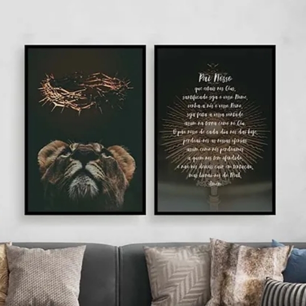 Kit 2 Quadros Oração Pai Nosso Leão 45x34cm Moldura:madeira B