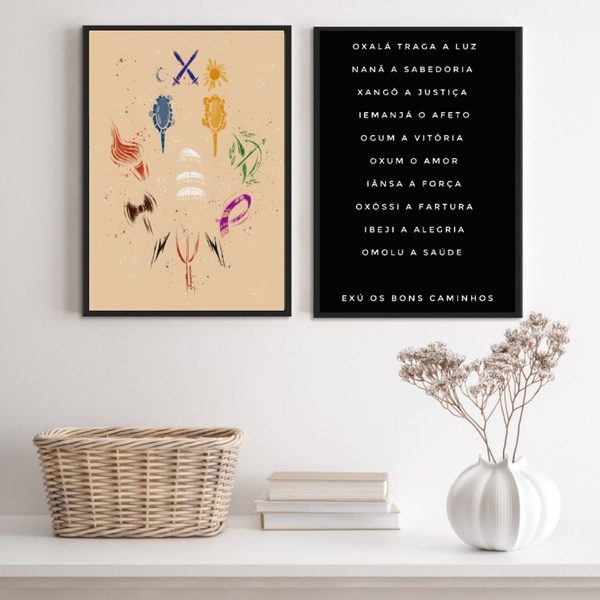 Kit 2 Quadros Orixás - Nomes E Símbolos 24x18cm Moldura Preta