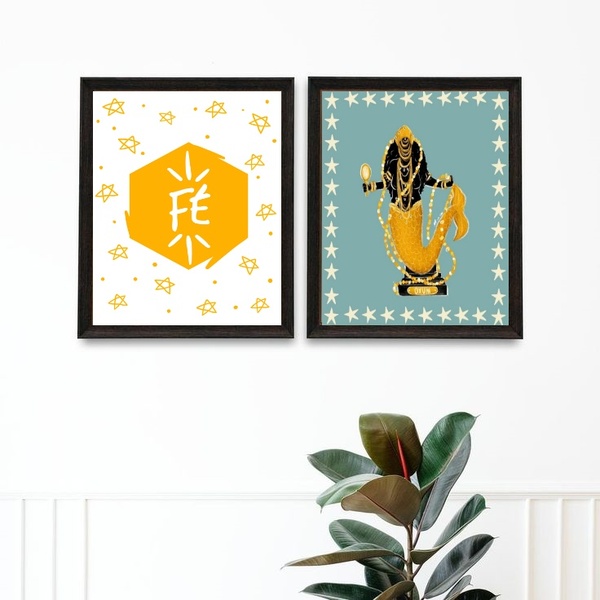 Kit 2 Quadros Oxum Fé - Estrelinhas 45x34cm - Com Vidro Moldu