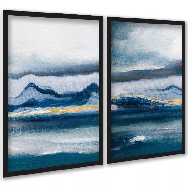 Kit 2 Quadros Paisagem Azul - Efeito Pintura 45x34cm Moldura