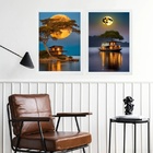 Kit 2 Quadros Paisagens Lua Rio Com Barcos 33x24cm Moldura Br