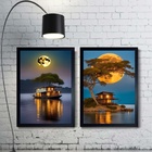 Kit 2 Quadros Paisagens Lua Rio Com Barcos 45x34cm Moldura Br