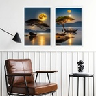 Kit 2 Quadros Paisagens Por Do Sol Rio Com Barcos 45x34cm - C