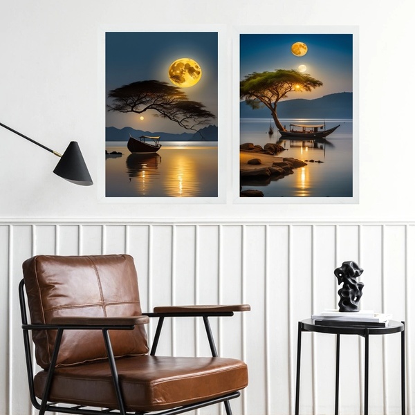 Kit 2 Quadros Paisagens Por Do Sol Rio Com Barcos 45x34cm - C