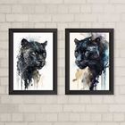 Kit 2 Quadros Pantera Negra Aquarela 45x34cm - Com Vidro Mold