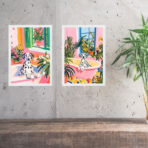 Kit 2 Quadros Para Banheiro - Cães Dalmatas 45x34cm - Com Vid