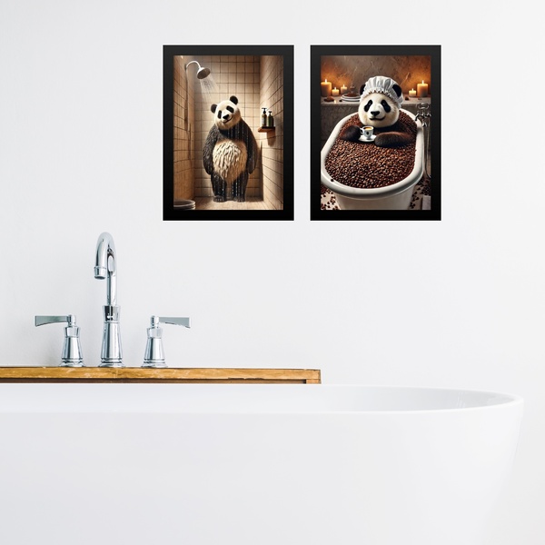 Kit 2 Quadros Para Banheiro Urso Panda - Café 24x18cm - Com V