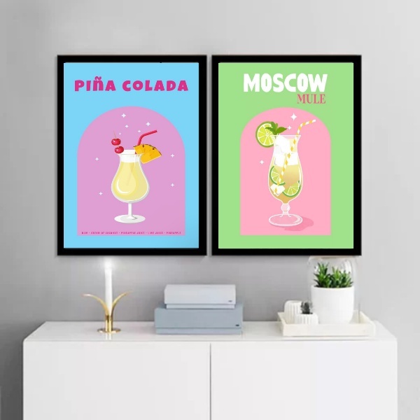 Kit 2 Quadros Para Bar - Coquetéis 45x34cm - Com Vidro Moldur