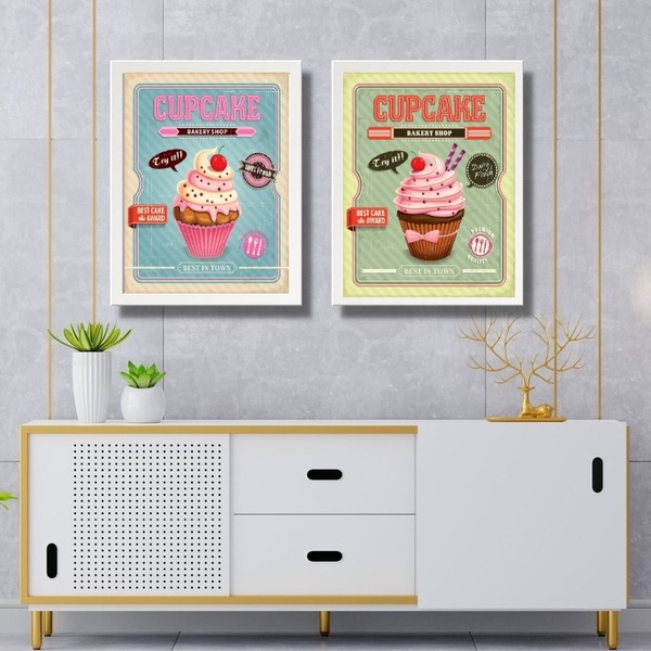 Kit 2 Quadros Para Cozinha - Cupcakes 45x34cm - Com Vidro Mol