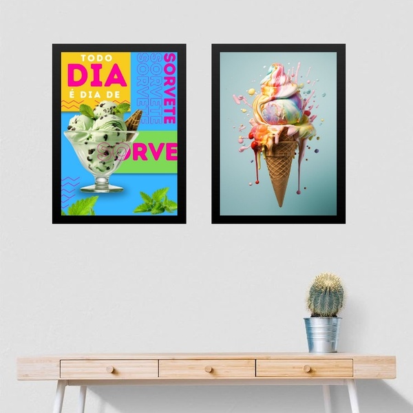Kit 2 Quadros Para Decoração De Sorveteria 45x34cm Moldura Pr