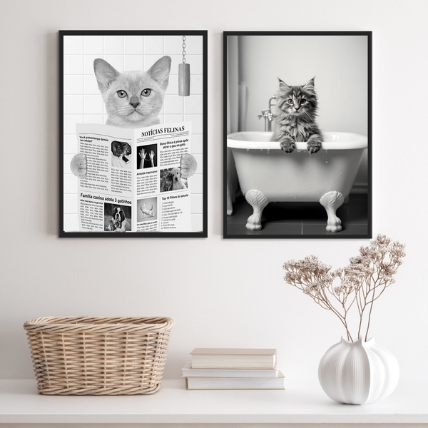 Kit 2 Quadros Para Decorar Banheiro- Gatos 33x24cm Moldura:ma