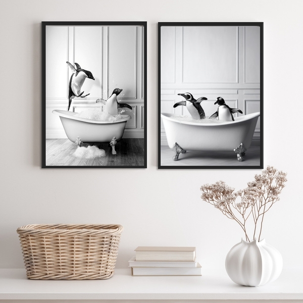 Kit 2 Quadros Para Decorar Banheiro- Pinguins 24x18cm - Com V