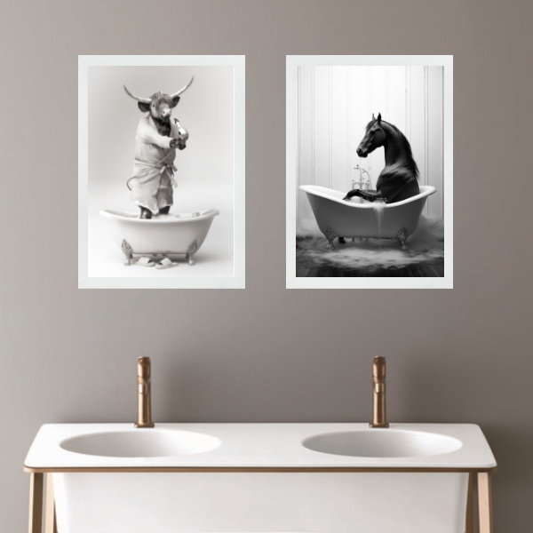 Kit 2 Quadros Para Decorar Banheiro - Boi E Cavalo 24x18cm Mo