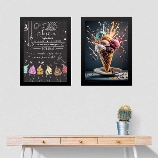 Kit 2 Quadros Para Decorar Sorveteria 33x24cm Moldura Branca