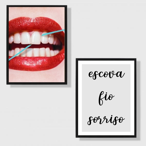 Kit 2 Quadros Para Dentista Escova Fio Sorriso 45x34cm - Com