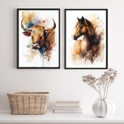 Kit 2 Quadros Para Fazenda Boi E Cavalo Aquarela 45x34cm - Co