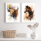Kit 2 Quadros Para Fazenda Boi E Cavalo Aquarela 45x34cm Mold