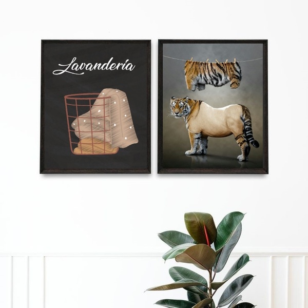 Kit 2 Quadros Para Lavandería  - Tigre 33x24cm - Com Vidro Mo