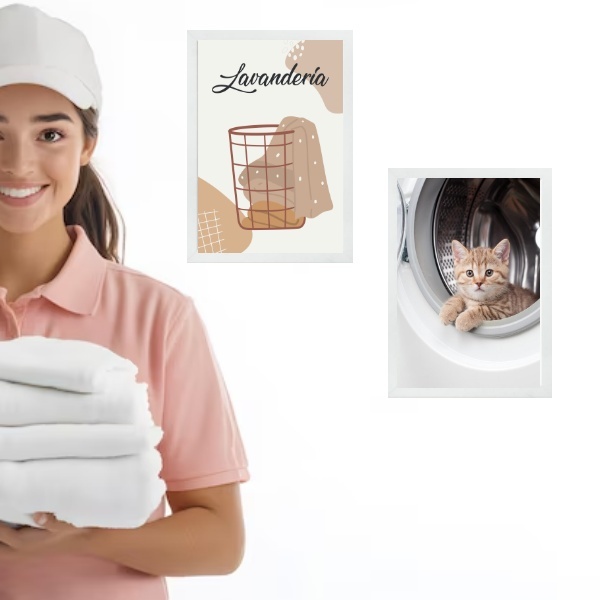 Kit 2 Quadros Para Lavanderia - Gatinho 24x18cm - Com Vidro M
