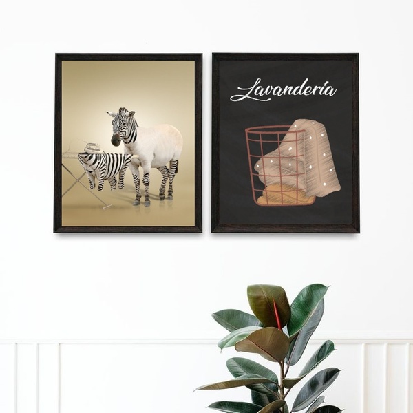 Kit 2 Quadros Para Lavandería - Zebra 45x34cm - Com Vidro Mol
