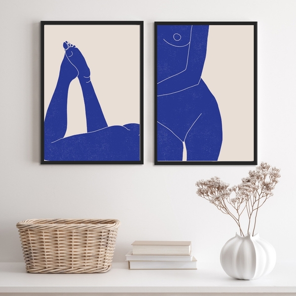 Kit 2 Quadros Para Quarto Nú Artistico Azul 45x34cm Moldura:m