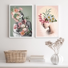 Kit 2 Quadros Para Sala Cinza E Rosa Mulheres Flores 33x24cm