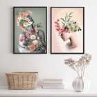 Kit 2 Quadros Para Sala Cinza E Rosa Mulheres Flores 45x34cm