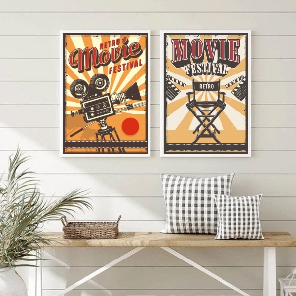 Kit 2 Quadros Para Sala De Cinema Retrô 45x34cm - Com Vidro M