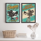 Kit 2 Quadros Para Sala De Cinema Retrô Azul 24x18cm Moldura: