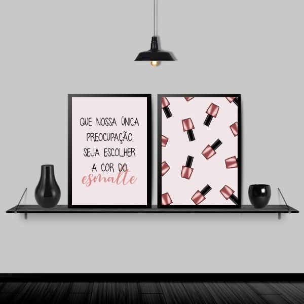 Kit 2 Quadros Para Salão Frase Esmalte 45x34cm - Com Vidro Mo