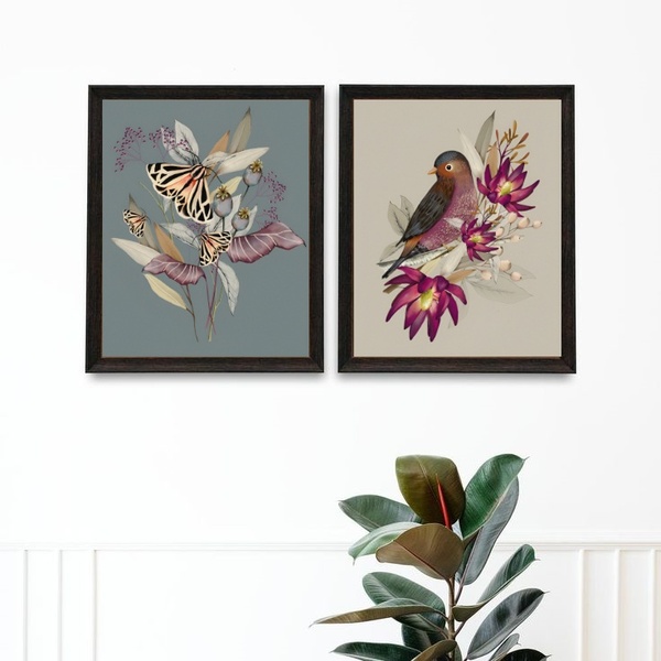 Kit 2 Quadros Para Varanda Passarinho E Borboleta 33x24cm Mol