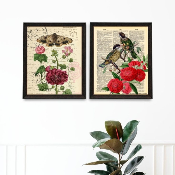 Kit 2 Quadros Para Varanda Pássaro Borboletas E Flores 24x18c