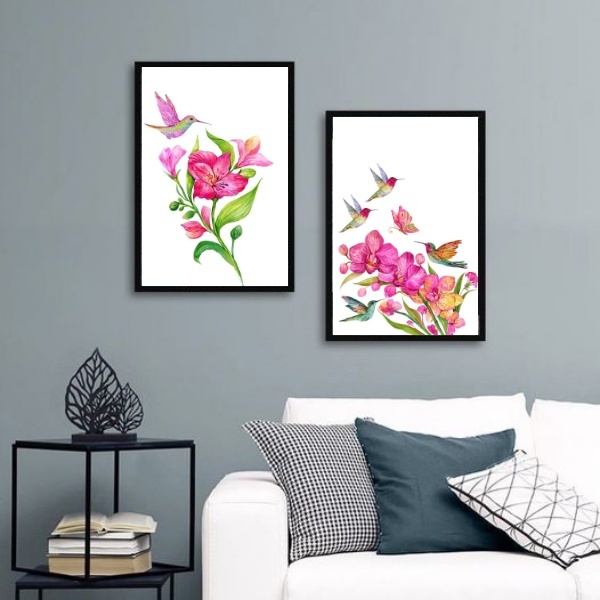 Kit 2 Quadros Passarinhos Beija-flores 45x34cm Moldura Preta