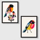 Kit 2 Quadros Passarinhos Coloridos 24x18cm Moldura:madeira B