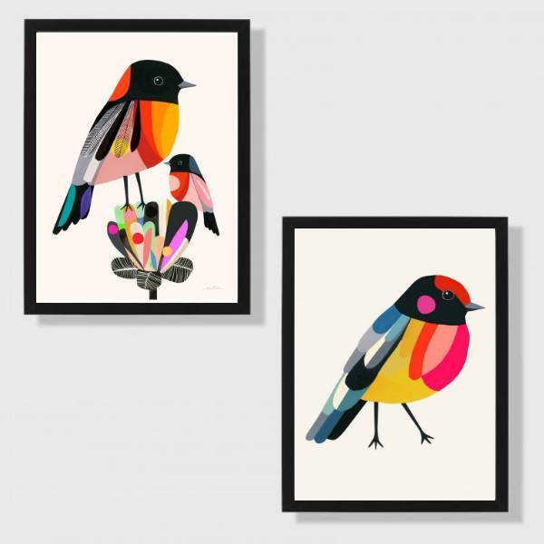 Kit 2 Quadros Passarinhos Coloridos 24x18cm Moldura:madeira B
