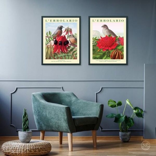 Kit 2 Quadros Passarinhos Com Flores 33x24cm Moldura Preta