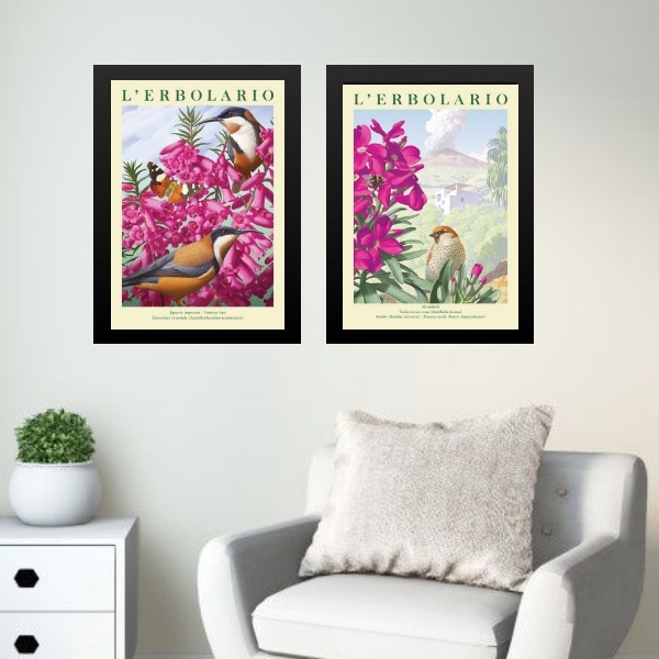 Kit 2 Quadros Passarinhos Com Flores Rosas 45x34cm - Com Vidr