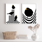 Kit 2 Quadros Passarinhos Modernos listras 33x24cm - Com Vidr