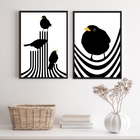 Kit 2 Quadros Passarinhos Modernos listras 45x34cm Moldura:ma