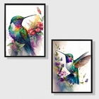 Kit 2 Quadros Pássaros Beija-flor Aquarela 24x18cm - Com Vidr