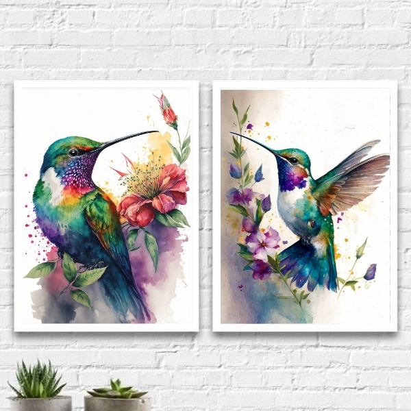 Kit 2 Quadros Pássaros Beija-flor Aquarela 33x24cm Moldura:ma