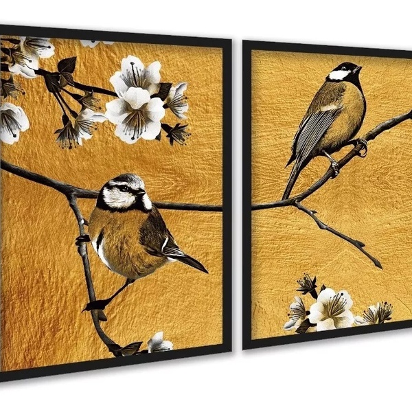 Kit 2 Quadros Pássaros Dourados Flores Cerejeira 33x24cm Mold