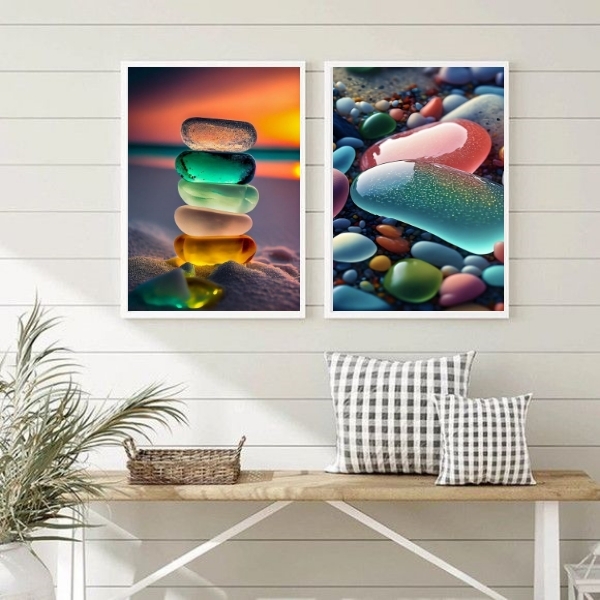Kit 2 Quadros Pedras Coloridas- Ilha De Creta 24x18cm Moldura