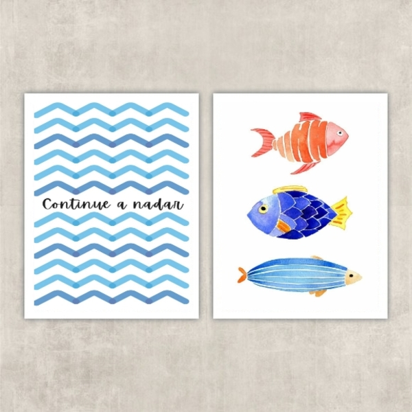 Kit 2 Quadros Peixes Continue A Nadar 24x18cm Moldura:madeira