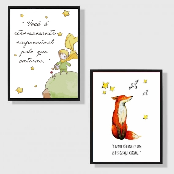 Kit 2 Quadros Pequeno Príncipe Aquarela 45x34cm - Com Vidro M
