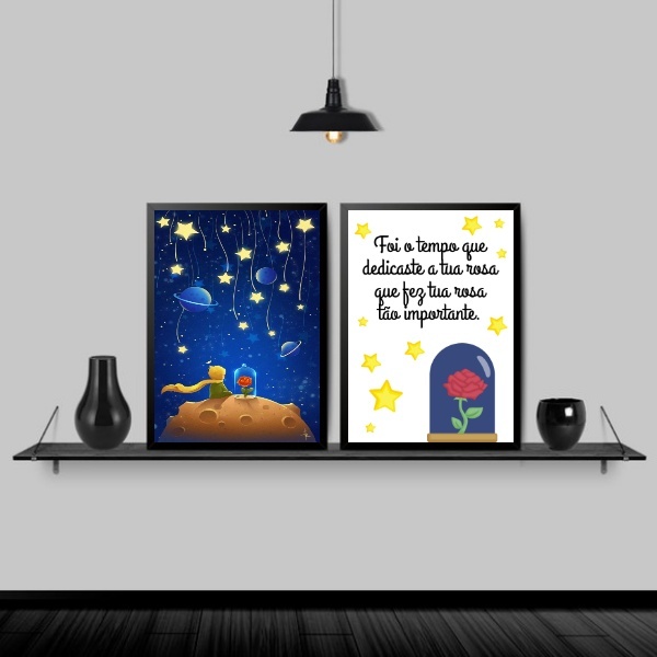 Kit 2 Quadros Pequeno Príncipe Frase 33x24cm Moldura:madeira
