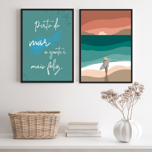 Kit 2 Quadros Perto Do Mar A Gente É Mais Feliz 24x18cm - Com